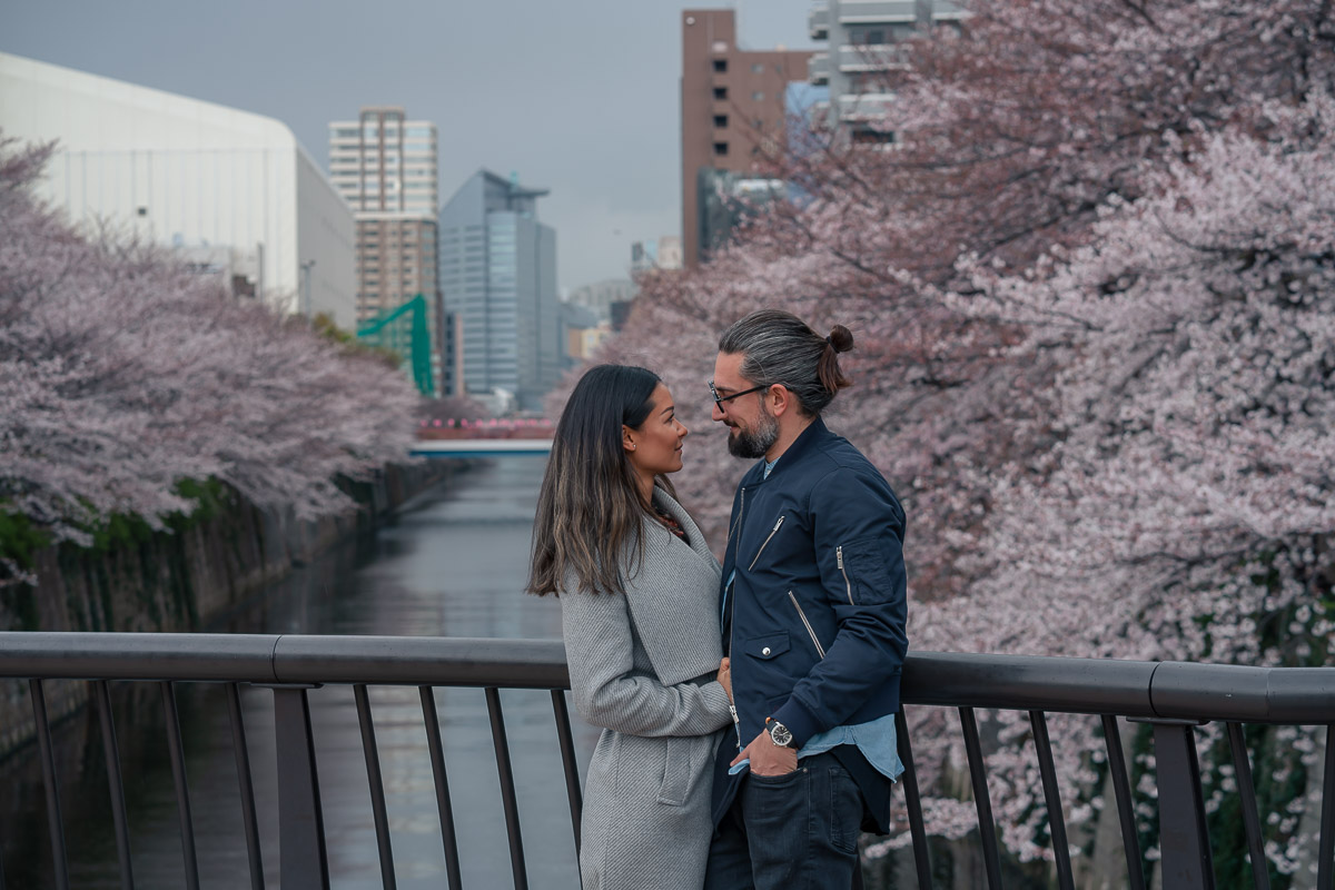 Picture of a couple in front of meguro river during sakura season 